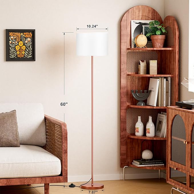 Ambimall 60'' Modern Floor Lamp with Shade, Tall Lamps for Living Room, Bedroom, Office, Dining Room, White Shade with Rose Gold Pole(Without Bulb)