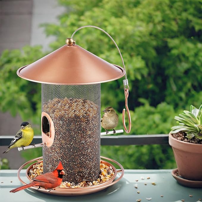 Bird Feeder for Outdoor, Metal Wild Bird Feeder Hanging Outside, 7.5" Copper Roof and 360 Degree Feeding Tray with 2 Extra Feeding Ports, 3 Lbs Bird Seeds Capacity