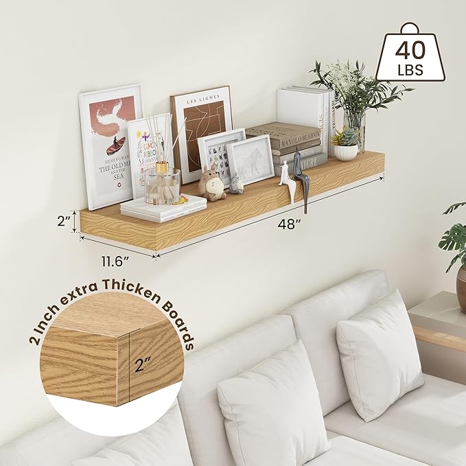 12 Inch Deep Floating Shelves for Wall, 48W x 12D Rustic Oak Wood Floating Shelves, Large Floating Shelves Set of 1 for Living Room Bathroom Laundry Room Bedroom Kitchen Home Office - Oak