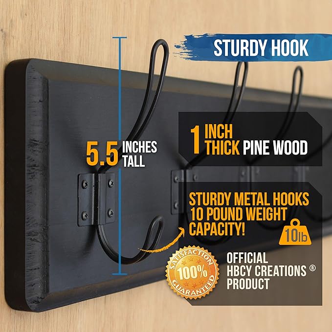 HBCY Creations Black Rustic Coat Rack Wall Mount with 5 Hooks, Solid Pine Wood 24 inch Wall Hooks for Entryway, Mudroom, Hallway, Bathroom - Vintage Farmhouse Style Wall Mounted Towel Rack