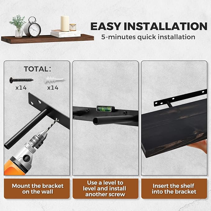 24"x6.8"x1.2" Solid Wood Floating Shelves 2-Pack - Rustic Black Finish with Hidden Brackets, Perfect for Storage and Décor in Living Room, Kitchen, Bedroom