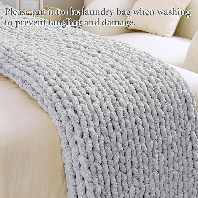 Admitrack Chunky Knit Blanket Throw, 100% Hand Knit Chenille Throw Blanket for Sofa & Home Decor, Soft and Cozy Knitted Throw Blankets (Light Gray，51"x63")