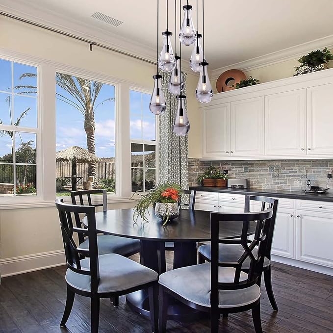 7 Light Raindrop Chandeliers, Bronze Teardrop Cluster Pendant Lights Kitchen Island, Black Dining Room Chandelier Over Table Hanging Pendant Lighting for High Ceiling, Entryway Staircase