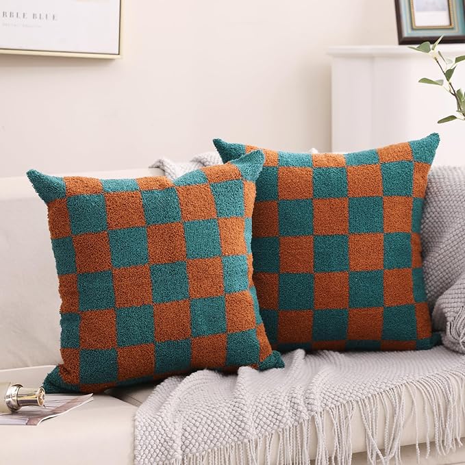 Alysheer Checkered Embroidered Decorative Throw Pillow Covers 18"x 18" Set of 2, Farmhouse Cottage Teal Brown Plaid Tufted Patterned Cotton Canvas Cushion Case for Sofa Couch Bed Living Room