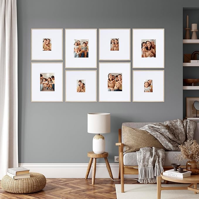 Camden Reed Arcadia 8 Piece Oversized Gallery Wall Frame, 16x20 and 16x16 Inch Matted Frames for Featuring 8x10 and 5x7 Inch Photographs or Art Prints, Natural Finish