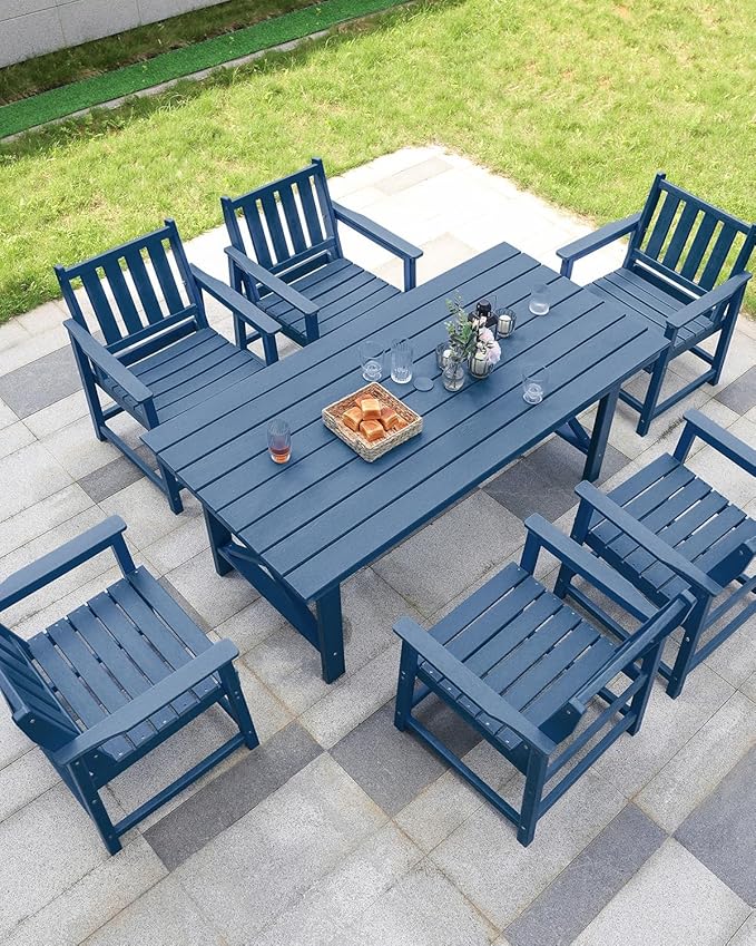 7 Pieces HDPE Outdoor Dining Set, Patio Dining Set with Umbrella Hole, All Weather Outdoor Dining Table Sets for 6, HDPE Patio Furniture Sets for Deck, Backyard, Lawn, and Poolside, Navy
