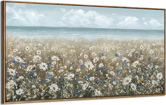 amatop Large Wall Art for Living Room Framed Boho Beach Coastal Floral Ocean Wall Picture Farmhouse Daisy Flower Sea Canvas Print Nautical Neutral Vintage Warm Artwork Home Bedroom Office Decor 48x24