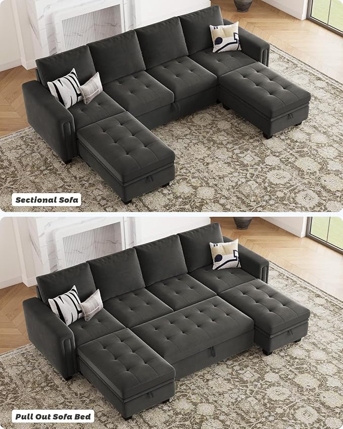Belffin Modular Sectional Sleeper Sofa with Pull Out Bed Velvet Convertible U Shaped Sectional Sofa Couch with Storage Chaises for Living Room Grey