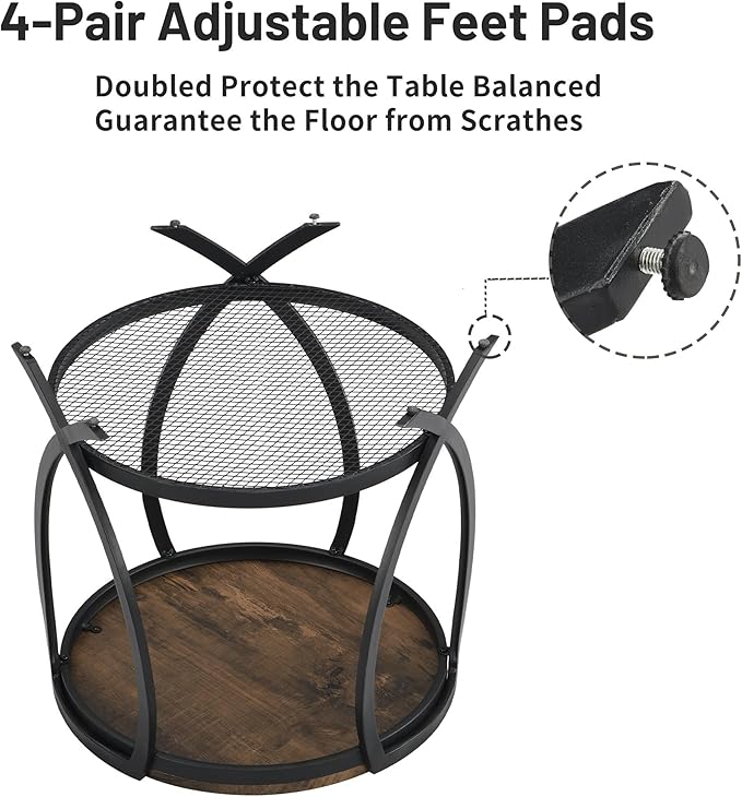 ASYA Industrial Round End Table with Storage Shelf, 2-Tier Side Table for Living Room, Adjustable Feet & lmitation Wood Grain Surface, Rustic Brown