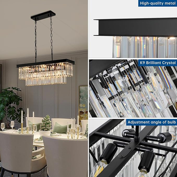 Black Crystal Chandeliers for Dining Room Light Fixtures Over Table，9-Lights Modern Rectangle Chandeliers for Kitchen Island Bar L28 Inch