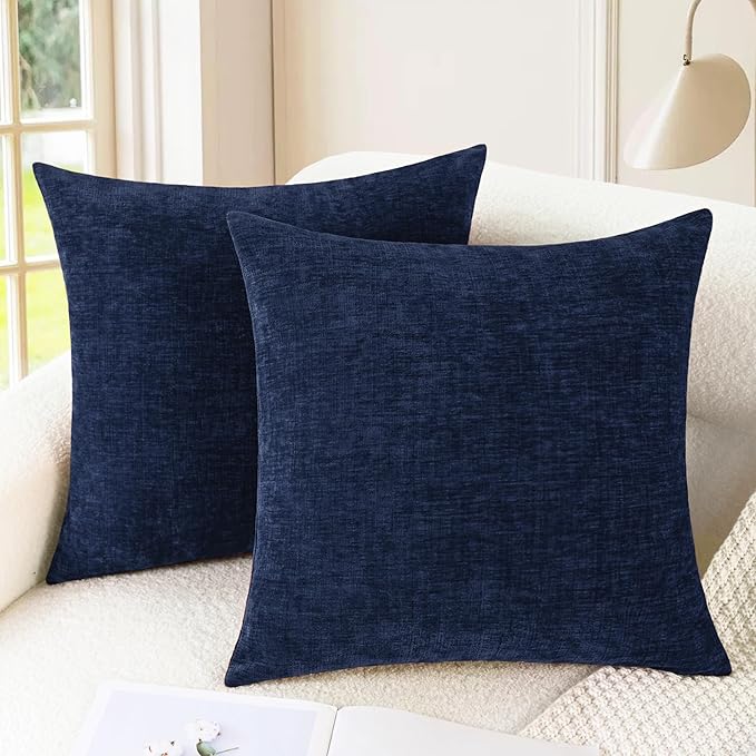 CaliTime Throw Pillow Covers Decorative 24 X 24 Inches Pack of 2 Cozy Chenille Cushion Cases for Couch Sofa Bed Living Room Home Navy Blue