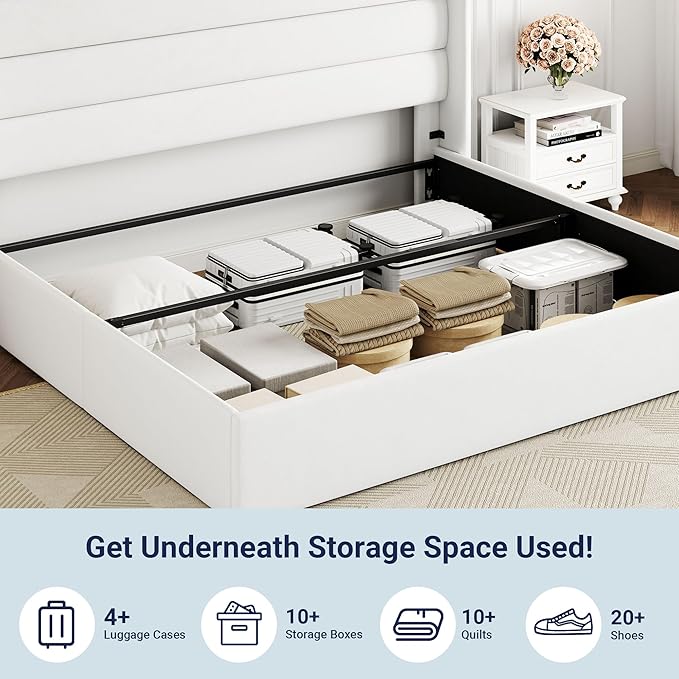 Allewie King Size Velvet Lift Up Storage Bed, Modern Wingback Headboard, Hydraulic Support, No Box Spring Needed, White