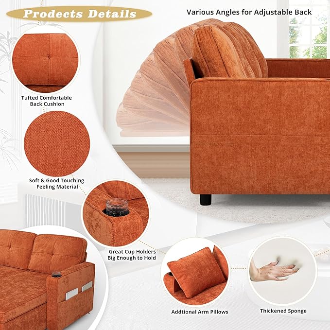 ACMEASE110“ Inches L-Shaped Pull Out Sofa Bed w/Storage Chaise & Adjustable Back, Chenille Sectional Sofa w/USB Port,Tufted Sleeper Couch w/Cup Holders for Living Room, Orange