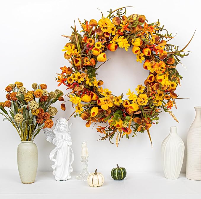 22 Inches Fall Wreaths for Front Door Rustic Autumn Wreath Farmhouse Fall Floral Wreaths with Tulips Orange Wildflowers for Wall Window Porch Indoor Outside