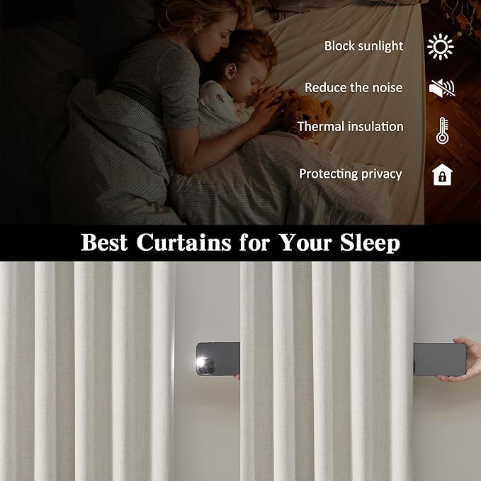 140 Inch Long Blackout Curtains Panels Set,Linen Textured Custom Extra Long Luxury Noise Reducing Curtains for Large Window Pocket Back Tab Pleat Heading Tape with Hooks 50W x 140L,Natural Birch/Ivory