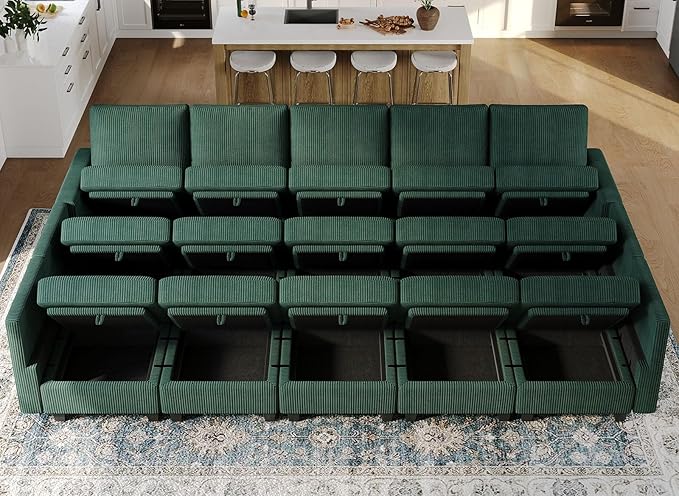 Belffin Large 15 Seat Modular Sectional Sofa with Storage Seat Corduroy Sleeper Sectional Sofa Bed Oversized Convertible Modular Couch for Living Room Green