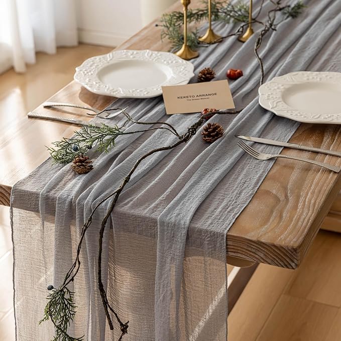 6pcs Dusty Blue Gauze Rustic Cheesecloth Table Runner 120 Inch 10 FT for Wedding Baby Shower Bridal Shower Birthday Engagement Garden Outdoor Party Long Sheer Boho Decorations