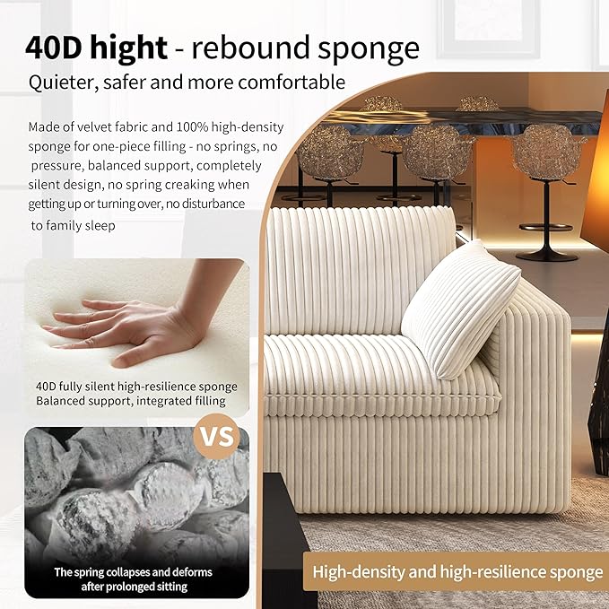 157.5" L Shaped Modern Sofa Modular Sectional Cloud Couch with Ottoman,Deep Seat Upholstered Couches with Corduroy Fabric for Living Room Furniture,Bedroom and Apartment,No Assembly Required,White