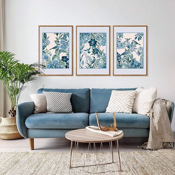 Aurlan Vintage Blue Birds and Botanical Framed Wall Art(16"x24"), 3PCS Classic Chinoiserie Audubon Bird Canvas Artwork, Large Abstract Watercolor Flowers Floral Home Decor for Bedroom Living Room
