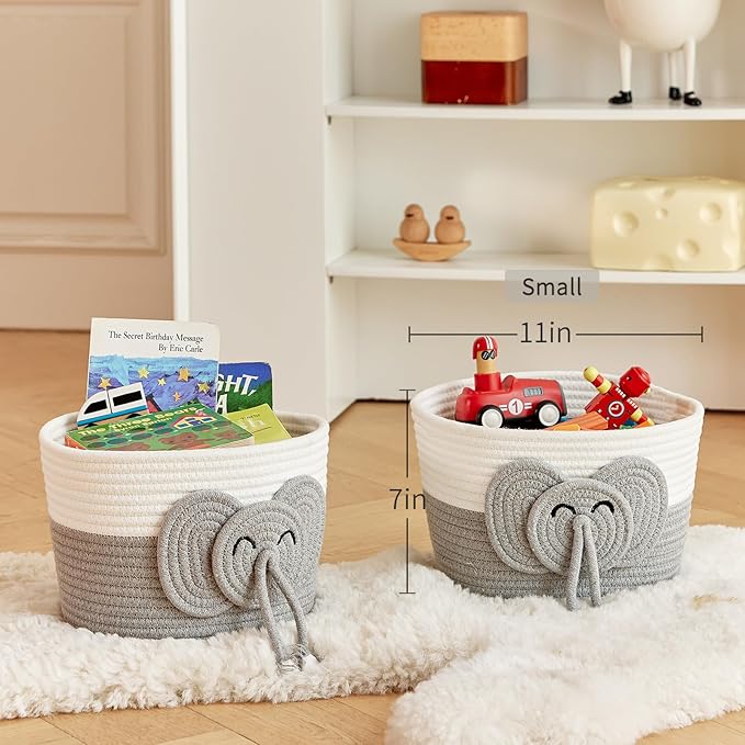 Adorable Small Elephant Cotton Rope Basket - Gift Empty Baskets - Toy Storage Basket, Woven Basket for Baby Essentials, Decorative Woven Basket for Nurseries and Playrooms (11"x7")
