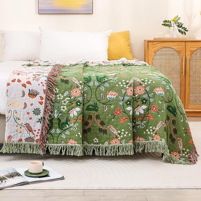 Boho Throw Blanket 80"x90", 100% Cotton Ultra Soft Luxury Throw for Couch and Sofa Blankets Home Decor, All Season Florals and Animals Throw Reversible Breathable Cozy Blankets