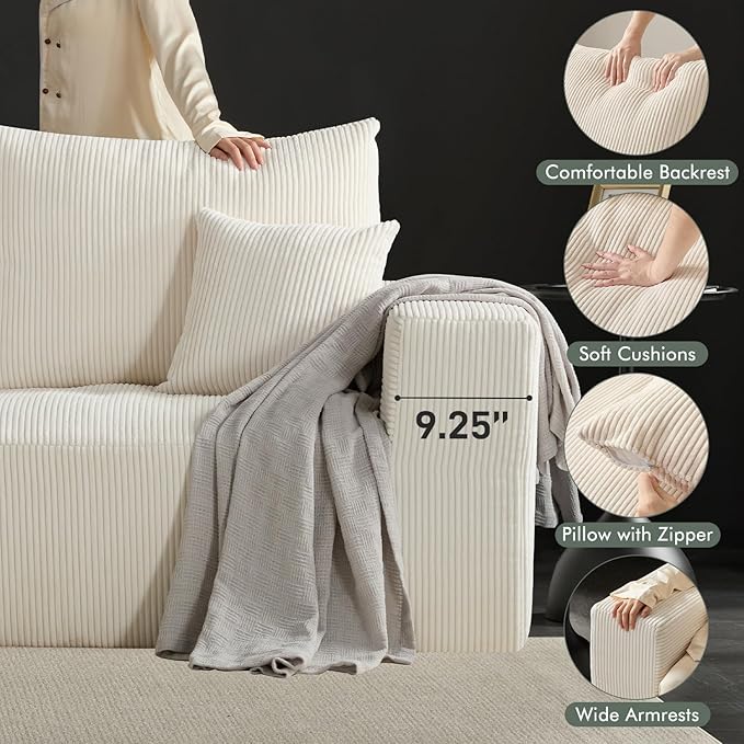 Boneless Sectional Cloud Couch Sofa for Living Room, 112" L-Shaped Modular Modern Lounge Sleeper Beige Couches with Chaise, No Assemble, Cordury Compression Upholstered Sofas