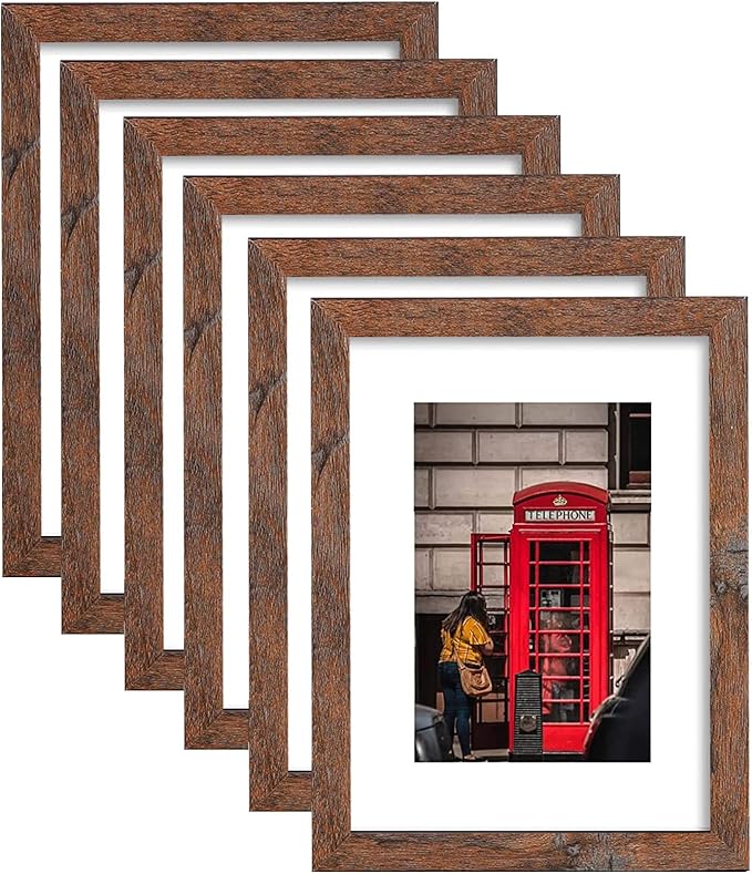 8x10 Picture Frame Set of 6, Display Pictures 5x7 with Mat or 8x10 Without Mat for Wall Mounting, Rustic Brown
