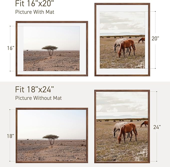 18x24 Poster Frame Natural Solid Walnut Photo Frames with 16x20 Removable Mat Wall Hanging Large Handcrafted Frame with HD Plexiglass Wall and Tabletop Display Large Picture Frame