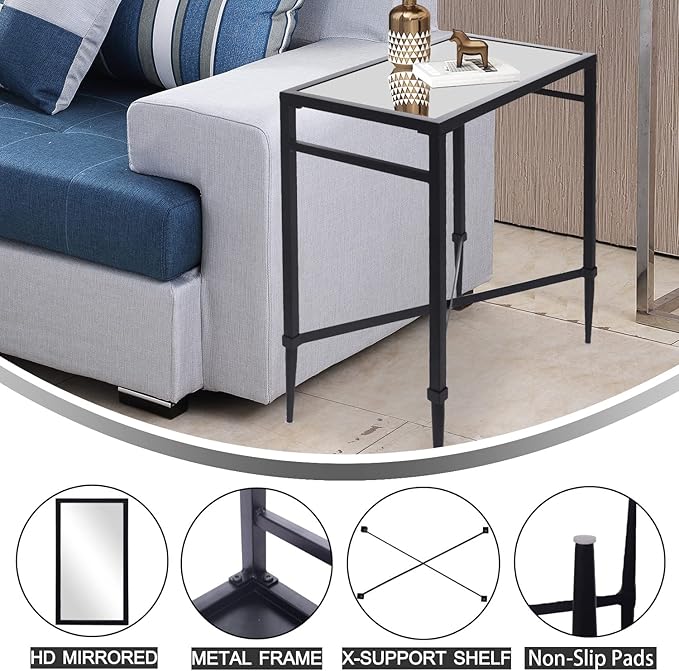Black End Table, Rectangle Side Table with Mirrored Top, Modern Metal End Table, Small Narrow Side Table for Living Room, Balcony, 22" L x 12.4" W x 24" D