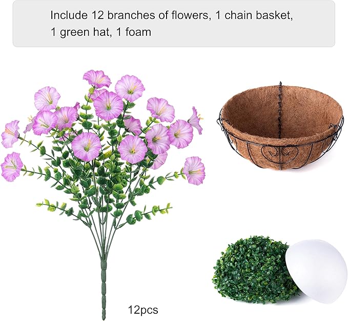 Artificial Faux Hanging Plants Flowers Basket for Outdoor Outside Spring Summer Decoration, Silk Purple Morning Glory in Planter UV Resistant Look Real Fake Flowers for Porch Patio Balcony Home Yard
