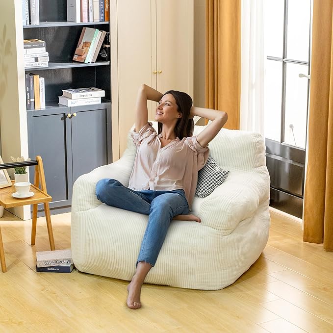Bean Bag Chair for Adults - Faux Fur, Fluffy and Comfy with Filler, Big Sofa for Reading, Gaming (Beige, Oversize)