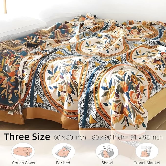 Boho Throw Blanket for Bed - 100% Pure Cotton Ultra Soft Rustic Quilt - Farmhouse Decor Bed Blankets, All Season Rustic Throw for Sofa Couch Chair(80''x 90'', Floral)