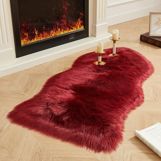 AMTOVO Faux Fur Rug, Burgundy Area Rug, Fluffy Sheepskin Rug, Fuzzy Ultra Soft 2 x 4 ft Shag Rugs for Bedroom Sofa Throw Cushion Room Decor, Sheepskin