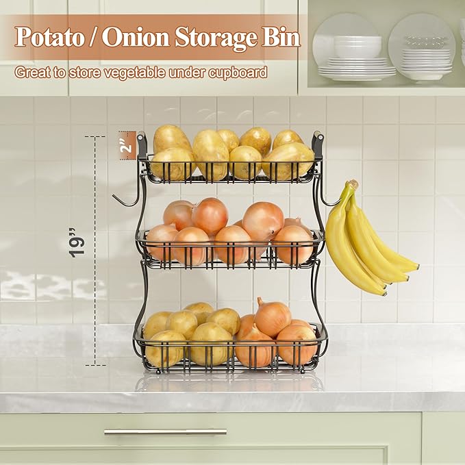 3 Tier Fruit Basket for Kitchen Counter, Fruit Bowl with 2 Banana Hooks Mesh Top, Multifunctional Detachable Sturdy Kitchen Storage Organizer for Vegetables Snacks Onion Potato, Black