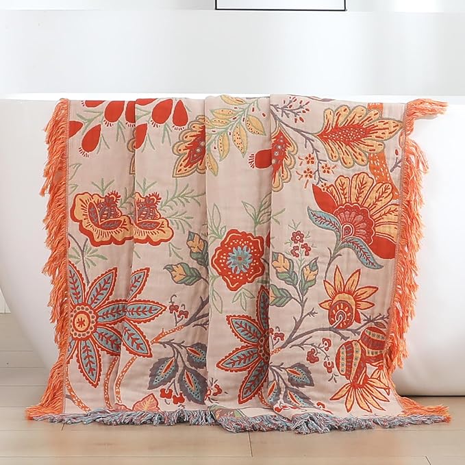 Boho Fall Throw Blanket for Bed，100% Ultra Cotton Soft Breathable Bed Throw Floral Printed Farmhouse Decor Rustic Bed Throws for Couch Sofa Quilt 60" x 80"-Orange& Sage Green