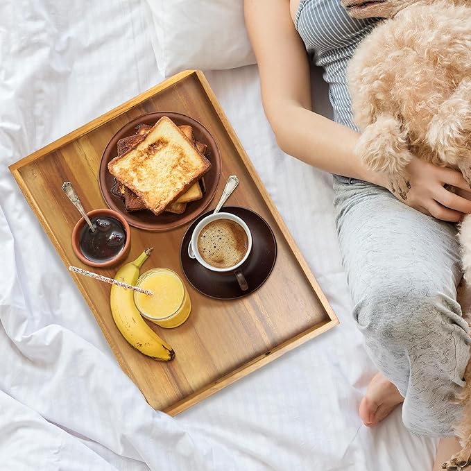 Acacia Wood Serving Tray with Handles - 17-Inch Decorative Wooden Tray - Perfect for Breakfast, Lunch, Dinner, Appetizers, Patio, Ottoman, Coffee Table - Durable Living Room and Couch Tray
