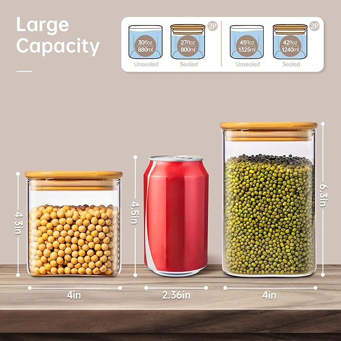 42oz & 27oz - 4 Pack Square Glass Jars with Bamboo Lids, Glass Food Storage Containers with Airtight Lids for Kitchen, Air Tight Pantry Storage Containers for Cereal, Pasta, Rice, Sugar, Coffee, Spice