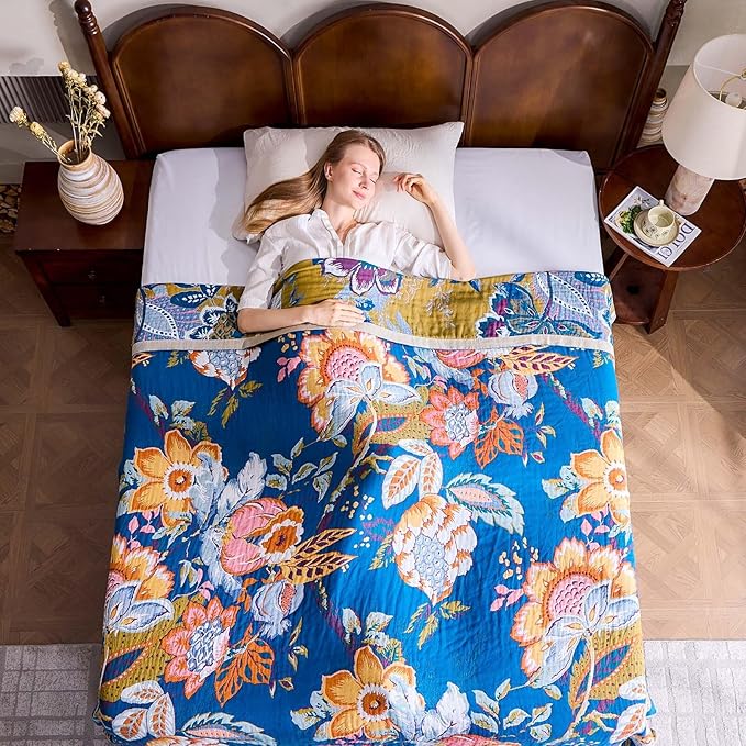 Boho Throw Blanket, Blue Lightweight Blankets for Summer, 100% Cotton Bohemian Decorative Throw Blanket, 90"x98" Reversible Muslin Breathable Woven Farmhouse Blankets Quilt,