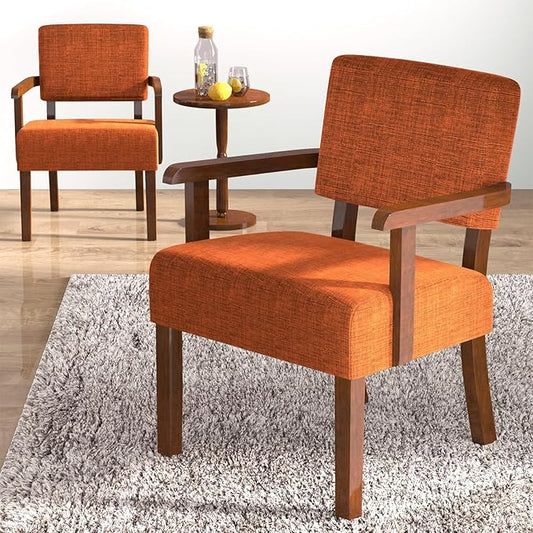 Accent Chair Set of 2 with Table, Living Room Chairs with Soft Seat and Armrests for Living Room Bedroom Reading Room Waiting Room (Orange), Linen, AC01