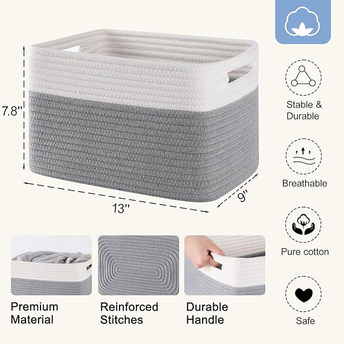 4 Pack Storage Baskets for Organizing, Woven Baskets for Shelves - Perfect for Toys, Books, Towels, and Clothes, Durable Gift Basket Bins Toy Storage, 12.7''L x9''W x7.8''H, Grey and White