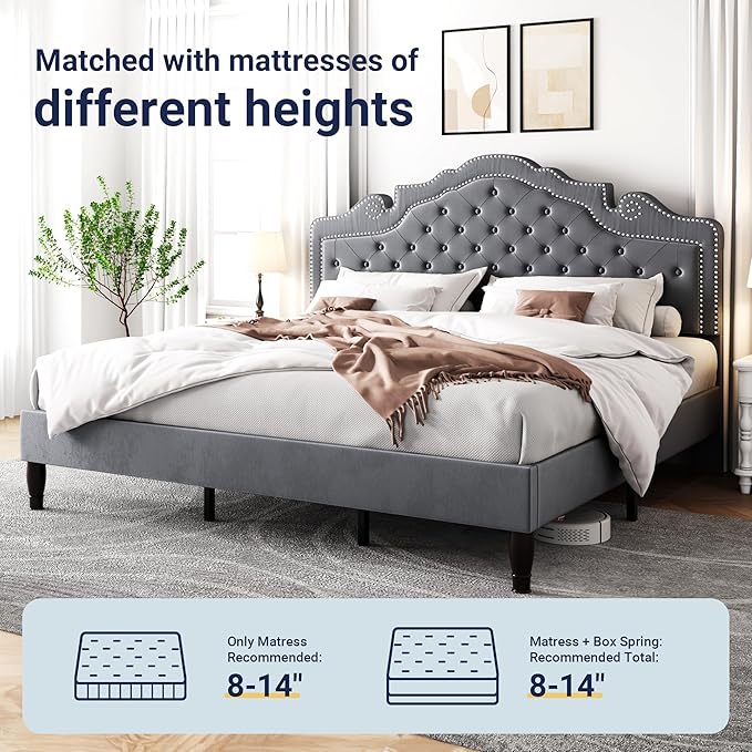 Allewie King Size Bed Frame with Adjustable Velvet Tiara Headboard, Upholstered Diamond Button Tufted Platform Bed, Wood Slats Support, No Box Spring Needed, Light Grey
