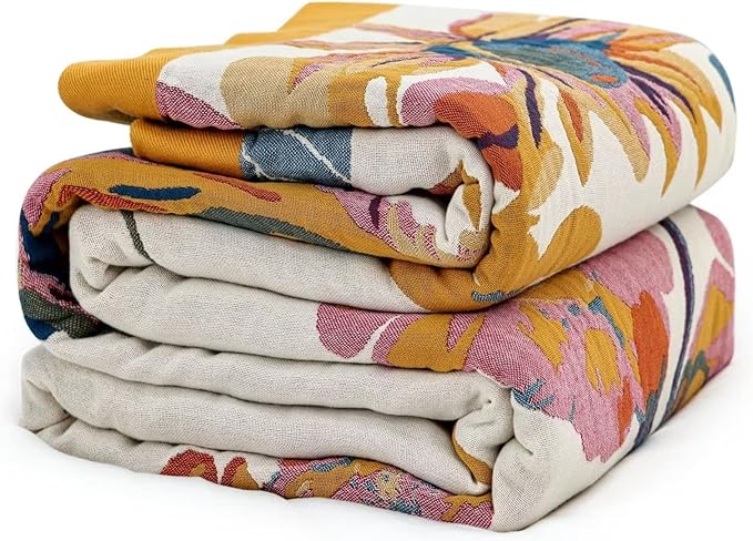 Boho Throw Blanket for Couch 100% Cotton Throw Floral Bed Blanket 80''x90'',Cotton Quilts Travel Knitted Muslin Blanket Home Decor Cozy Blankets for Women