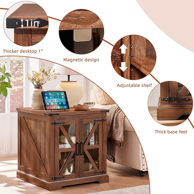 24" End Table Set of 2 with Charging Station, Farmhouse Night Stand with Glass Barn Door, Nightstands with Adjustable Storage Shelf, Large Wood Square Bed Side Table for Living Room,Bedroom