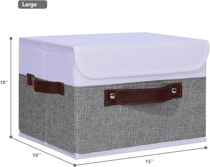 ANMINY 4PCS Storage Boxes with Lid Washable Decorative Storage Bins Basket with PU Leather Handle Foldable Linen Fabric Storage Cubes Containers for Home Closet Organizer - Gray White, Large Size