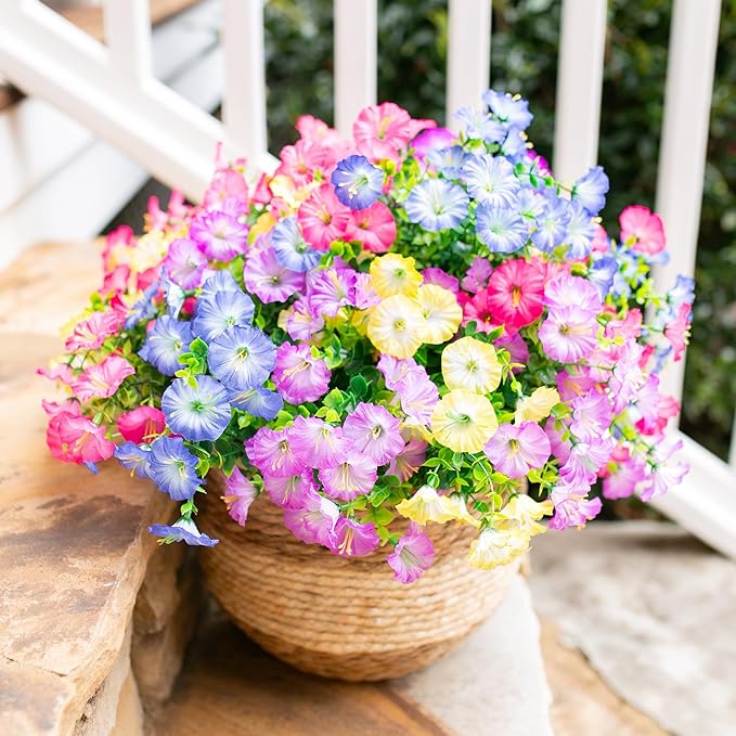 Artificial Flowers for Outdoors Fake Plants Outside Decoration, 12 Bundles Silk Colorful Morning Glory with Eucalyptus UV Resistant Realistic Faux Flowers for Planter Porch Patio Yard Indoor