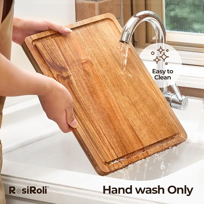 Acacia Wood Cutting Board for Kitchen - 1 inch Thick FSC Certified Wood Charcuterie Cheese Board with Side Handles and Juice Grooves, Wooden Chopping Block for Meat and Veggies, 17x12 inch