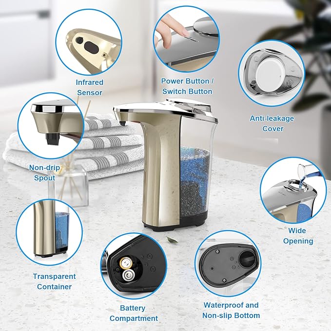 Automatic Soap Dispenser, Touchless Dish soap Dispenser 17oz/500ml with Upgraded Infrared Sensor, 5 Adjustable Soap Dispensing Levels, Liquid Hand soap Dispenser for Bathroom & Kitchen