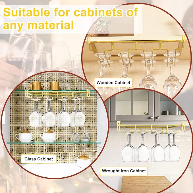 AUHOKY Adjustable Wine Glass Holder Under Shelf, Nail Free Metal Stemware Holder Storage Hanger, Hanging Wine Glasses Rack Organizer Under Cabinet Mount for Bar Kitchen (4 Rows, Gold)