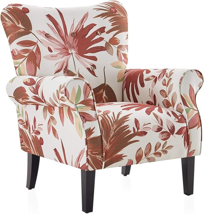 BELLEZE Modern Accent Chair for Living Room, High Back Floral Armchair with Wooden Legs, Upholstered Wingback Side Chair Padded Armrest Single Sofa for Living Room, Bedroom - Allston (Red Floral)