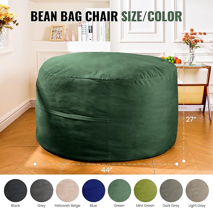 4FT Bean Bag Chair: Bean Bag with Velvet Cover, Fluffy and Comfy Bean Bag Chairs for Adults and Kids, Bean Bag Sofa Filled with High-Density Sponge for Gaming (Green)